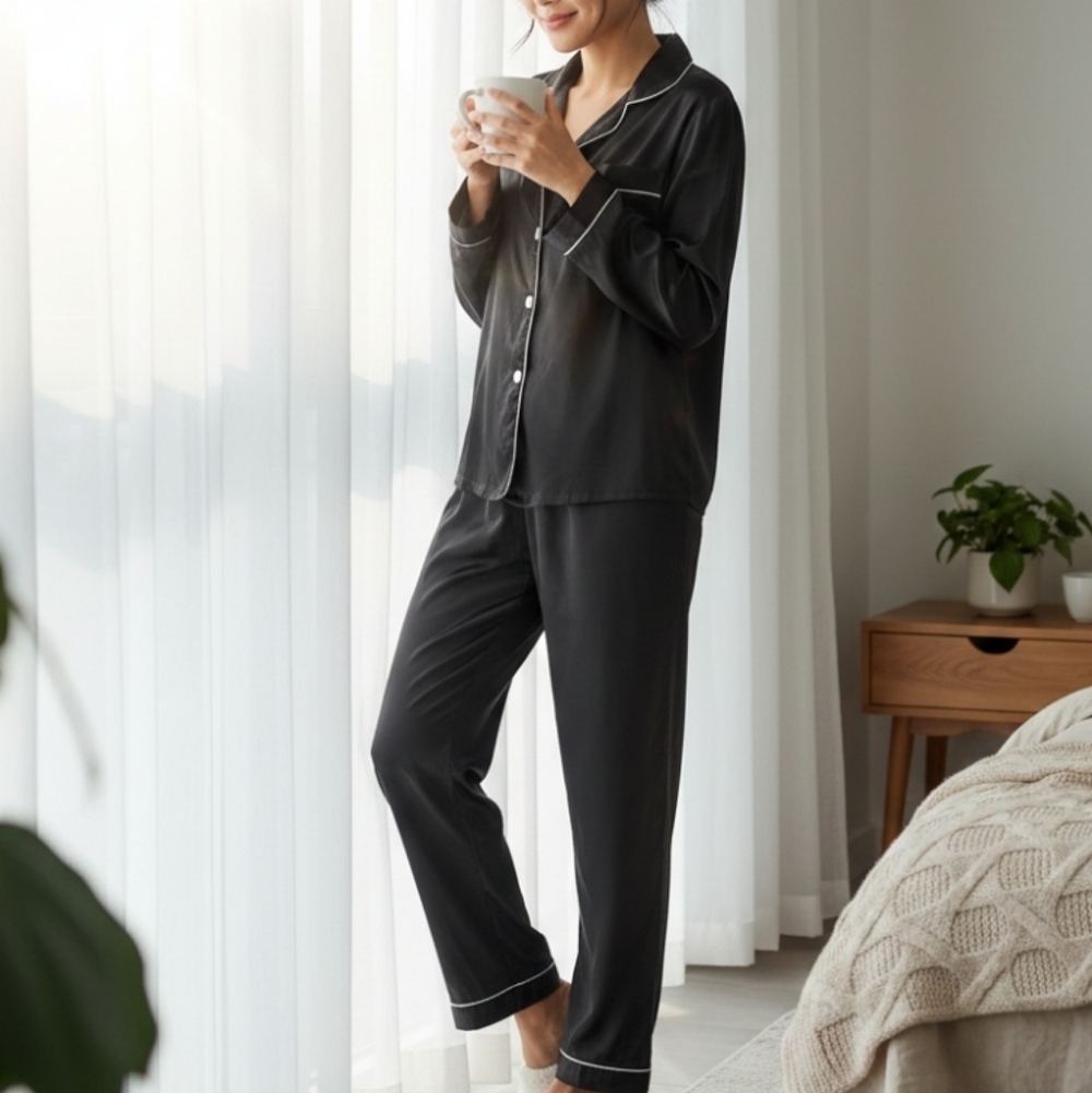 Amazon Black Satin Pajama Set Medium White Trim Quiet Luxury PJs
